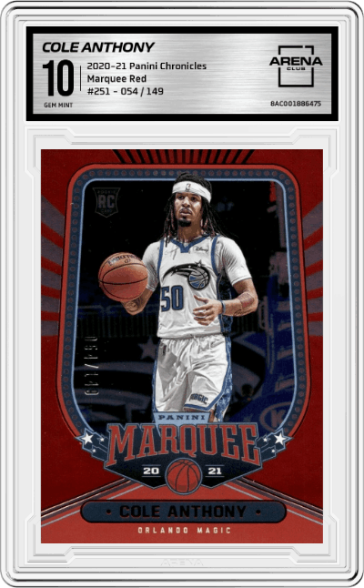 Cole Anthony from the 2020-21 Panini Chronicles set featuring a Red parallel graded by Arena Club and given an overall grade of 10.