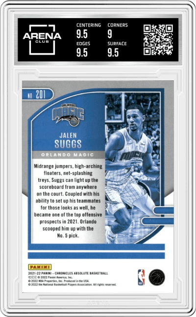 Jalen Suggs from the 2021-22 Panini Chronicles set featuring a Red parallel graded by Arena Club and given an overall grade of 9.5.