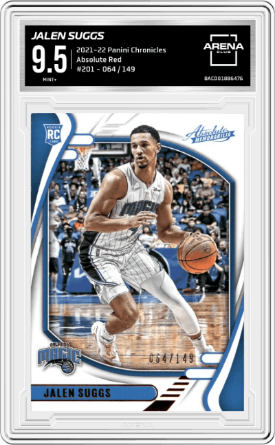Jalen Suggs from the 2021-22 Panini Chronicles set featuring a Red parallel graded by Arena Club and given an overall grade of 9.5.