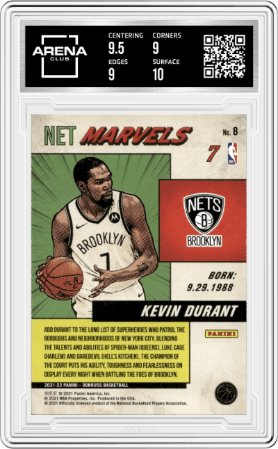 Kevin Durant from the 2021-22 Panini Donruss set featuring a Press Proof Purple parallel graded by Arena Club and given an overall grade of 9.5.