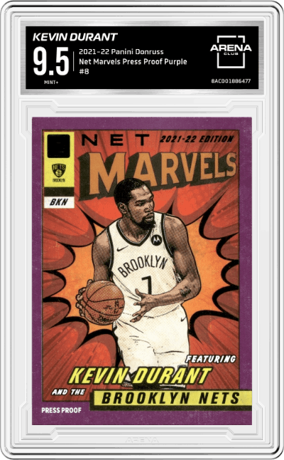 Kevin Durant from the 2021-22 Panini Donruss set featuring a Press Proof Purple parallel graded by Arena Club and given an overall grade of 9.5.