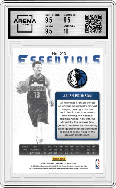 Jalen Brunson from the 2018-19 Panini Chronicles set graded by Arena Club and given an overall grade of 10.
