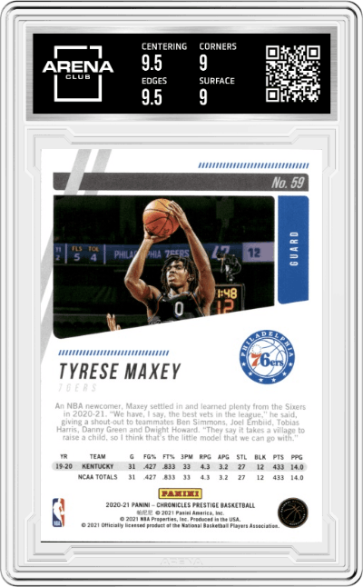 Tyrese Maxey from the 2020-21 Panini Chronicles set graded by Arena Club and given an overall grade of 9.5.