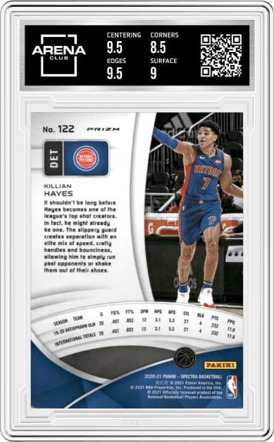 Killian Hayes from the 2020-21 Panini Spectra Basketball set featuring a Asia Red parallel graded by Arena Club and given an overall grade of 9.