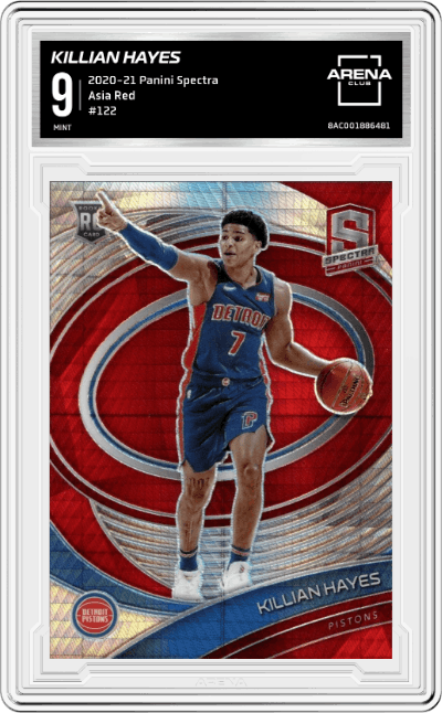 Killian Hayes from the 2020-21 Panini Spectra Basketball set featuring a Asia Red parallel graded by Arena Club and given an overall grade of 9.