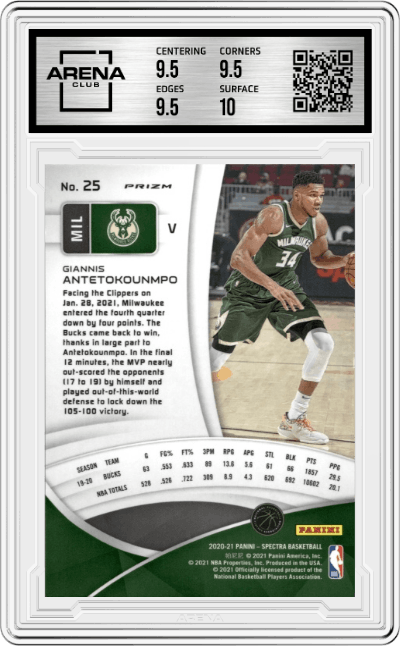 Giannis Antetokounmpo from the 2020-21 Panini Spectra Basketball set featuring a Asia parallel graded by Arena Club and given an overall grade of 10.