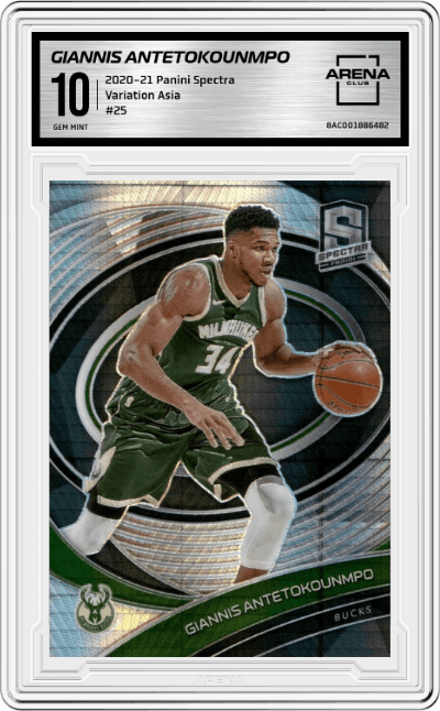Giannis Antetokounmpo from the 2020-21 Panini Spectra Basketball set featuring a Asia parallel graded by Arena Club and given an overall grade of 10.