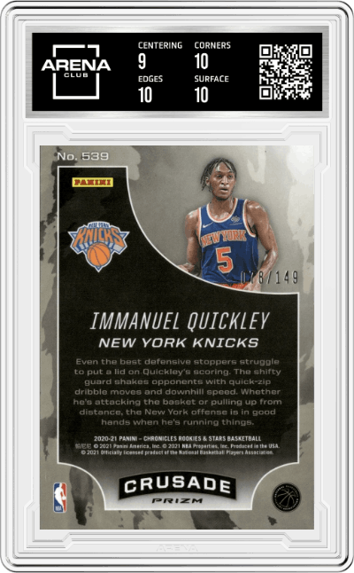 Immanuel Quickley from the 2020-21 Panini Chronicles set featuring a Red parallel graded by Arena Club and given an overall grade of 9.5.