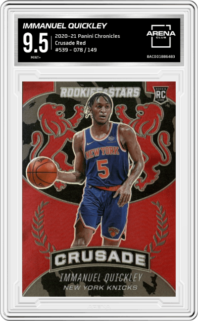 Immanuel Quickley from the 2020-21 Panini Chronicles set featuring a Red parallel graded by Arena Club and given an overall grade of 9.5.