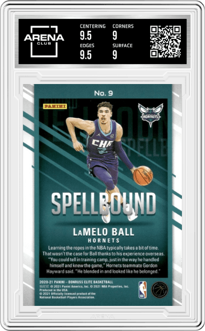 LaMelo Ball from the 2020-21 Panini Donruss Elite Basketball set graded by Arena Club and given an overall grade of 9.5.