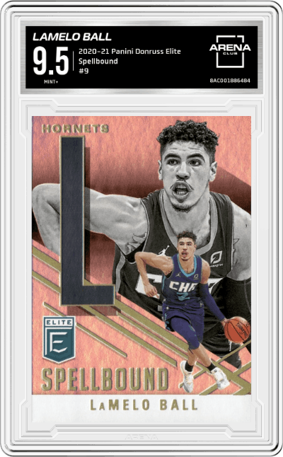 LaMelo Ball from the 2020-21 Panini Donruss Elite Basketball set graded by Arena Club and given an overall grade of 9.5.
