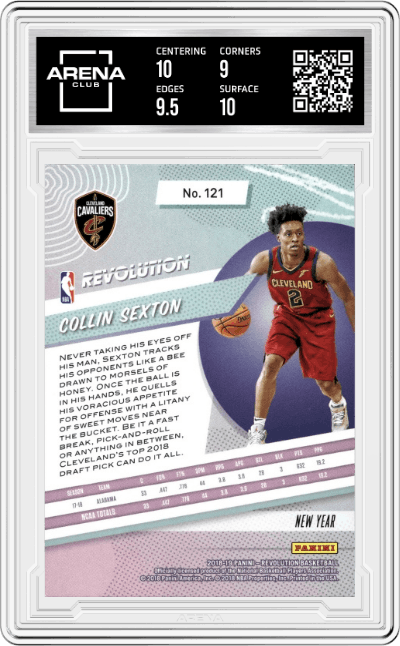 Collin Sexton from the 2018-19 Panini Revolution  set featuring a Chinese New Year parallel graded by Arena Club and given an overall grade of 9.5.