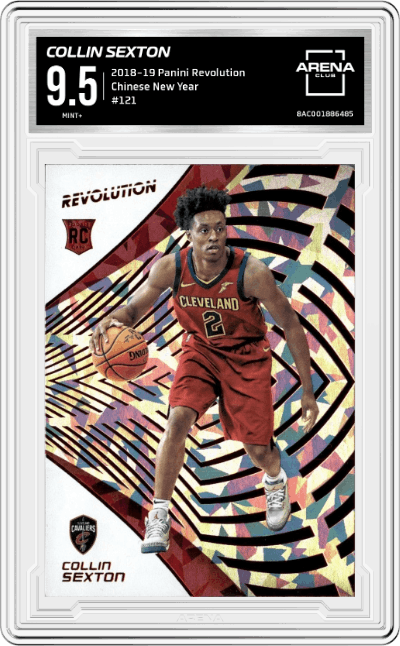 Collin Sexton from the 2018-19 Panini Revolution  set featuring a Chinese New Year parallel graded by Arena Club and given an overall grade of 9.5.