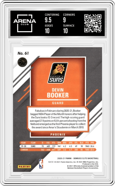 Devin Booker from the 2020-21 Panini Donruss Elite Basketball set featuring a Blue parallel graded by Arena Club and given an overall grade of 9.5.