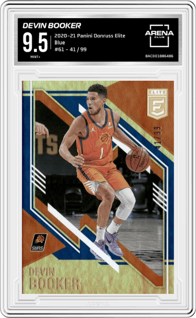 Devin Booker from the 2020-21 Panini Donruss Elite Basketball set featuring a Blue parallel graded by Arena Club and given an overall grade of 9.5.
