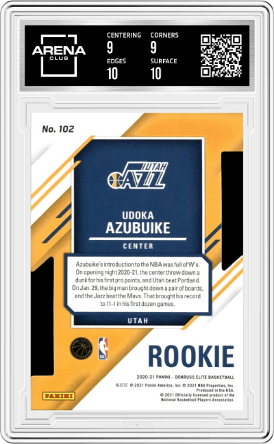 Udoka Azubuike from the 2020-21 Panini Donruss Elite Basketball set featuring a Aspirations parallel graded by Arena Club and given an overall grade of 9.5.