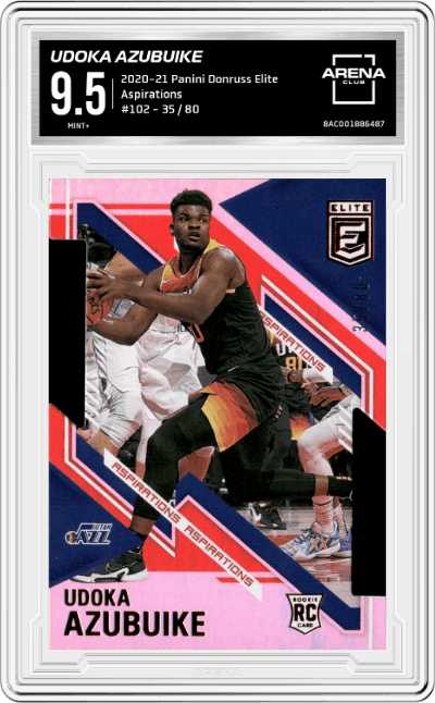Udoka Azubuike from the 2020-21 Panini Donruss Elite Basketball set featuring a Aspirations parallel graded by Arena Club and given an overall grade of 9.5.