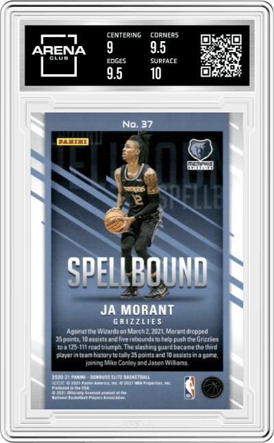 Ja Morant from the 2020-21 Panini Donruss Elite Basketball set graded by Arena Club and given an overall grade of 9.5.