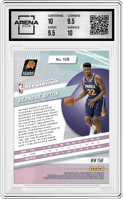 Deandre Ayton from the 2018-19 Panini Revolution  set featuring a Chinese New Year parallel graded by Arena Club and given an overall grade of 10.