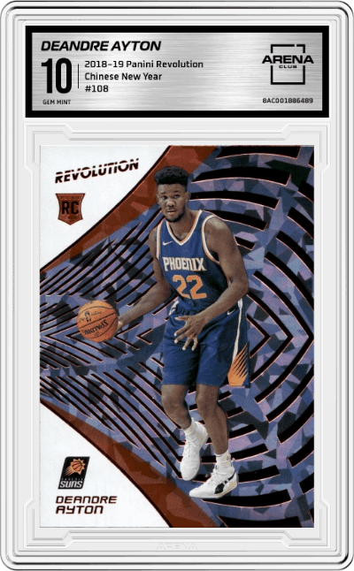 Deandre Ayton from the 2018-19 Panini Revolution  set featuring a Chinese New Year parallel graded by Arena Club and given an overall grade of 10.