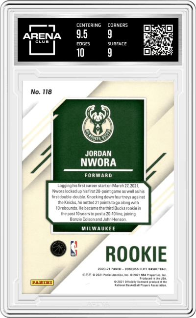 Jordan Nwora from the 2020-21 Panini Donruss Elite Basketball set graded by Arena Club and given an overall grade of 9.5.