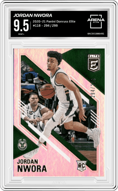 Jordan Nwora from the 2020-21 Panini Donruss Elite Basketball set graded by Arena Club and given an overall grade of 9.5.