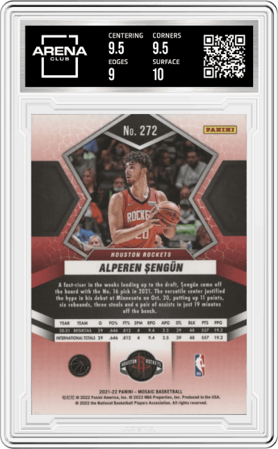 Alperen Sengun from the 2021-22 Panini Mosaic  set graded by Arena Club and given an overall grade of 9.5.