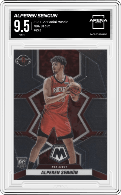 Alperen Sengun from the 2021-22 Panini Mosaic  set graded by Arena Club and given an overall grade of 9.5.