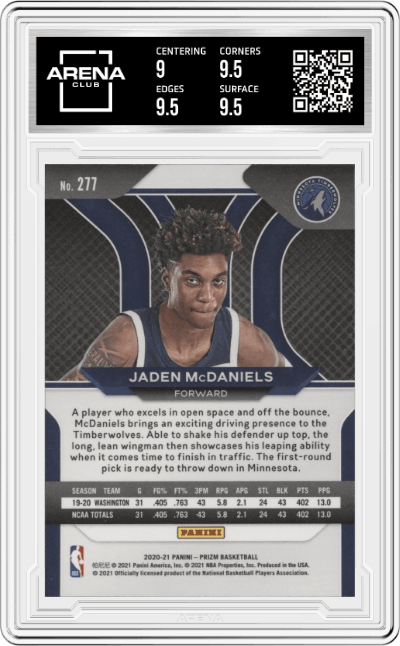 Jaden McDaniels from the 2020-21 Panini Prizm set graded by Arena Club and given an overall grade of 9.5.