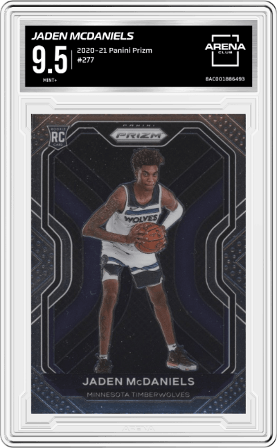 Jaden McDaniels from the 2020-21 Panini Prizm set graded by Arena Club and given an overall grade of 9.5.