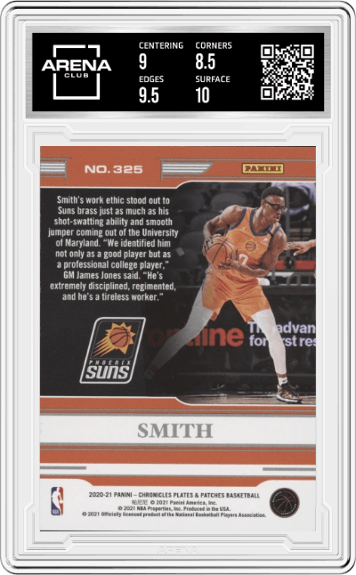 Jalen Smith from the 2020-21 Panini Chronicles set featuring a Red parallel graded by Arena Club and given an overall grade of 9.