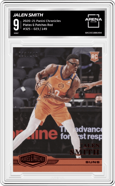 Jalen Smith from the 2020-21 Panini Chronicles set featuring a Red parallel graded by Arena Club and given an overall grade of 9.