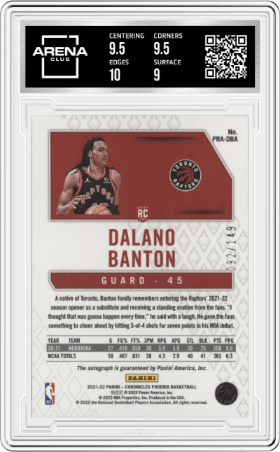Dalano Banton from the 2021-22 Panini Chronicles set graded by Arena Club and given an overall grade of 9.5.