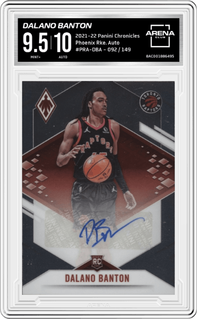 Dalano Banton from the 2021-22 Panini Chronicles set graded by Arena Club and given an overall grade of 9.5.