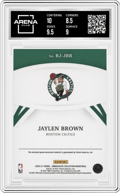 Jaylen Brown from the 2020-21 Panini Immaculate Collection  set graded by Arena Club and given an overall grade of 9.
