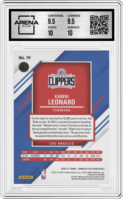 Kawhi Leonard from the 2020-21 Panini Donruss Elite Basketball set featuring a Blue parallel graded by Arena Club and given an overall grade of 10.