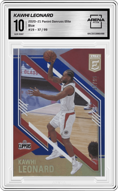 Kawhi Leonard from the 2020-21 Panini Donruss Elite Basketball set featuring a Blue parallel graded by Arena Club and given an overall grade of 10.