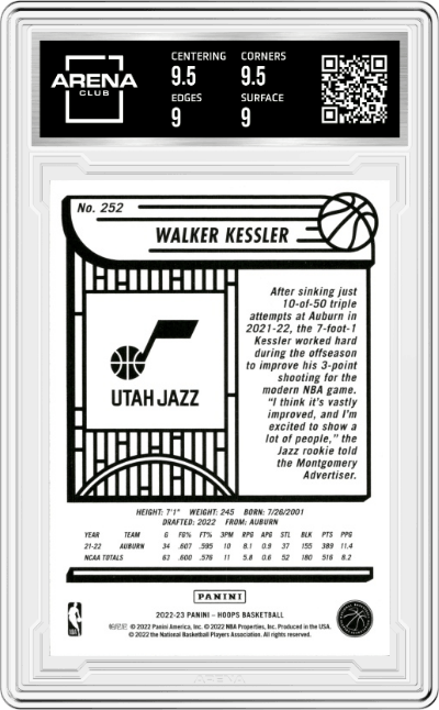Walker Kessler from the 2022-23 Panini NBA Hoops set graded by Arena Club and given an overall grade of 9.5.