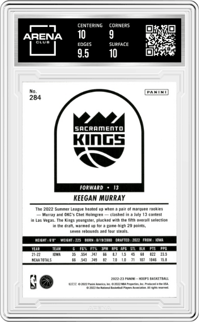 Keegan Murray from the 2022-23 Panini NBA Hoops set graded by Arena Club and given an overall grade of 9.5.
