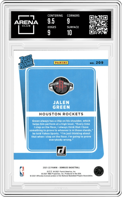 Jalen Green from the 2021-22 Panini Donruss set graded by Arena Club and given an overall grade of 9.5.
