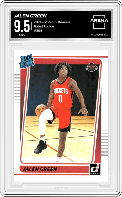 Jalen Green from the 2021-22 Panini Donruss set graded by Arena Club and given an overall grade of 9.5.