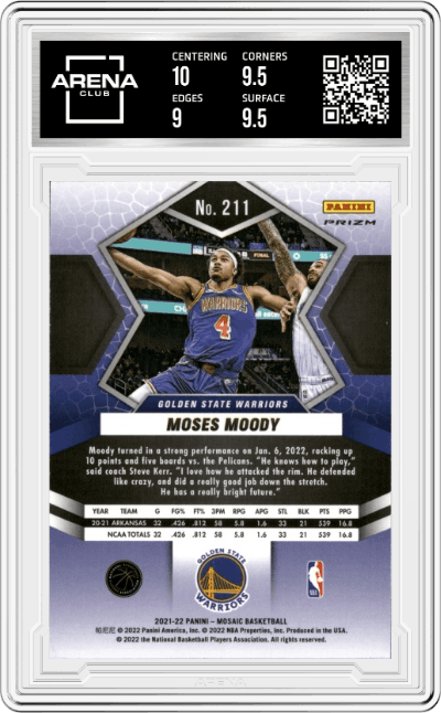 Moses Moody from the 2021-22 Panini Mosaic  set featuring a Silver parallel graded by Arena Club and given an overall grade of 9.5.