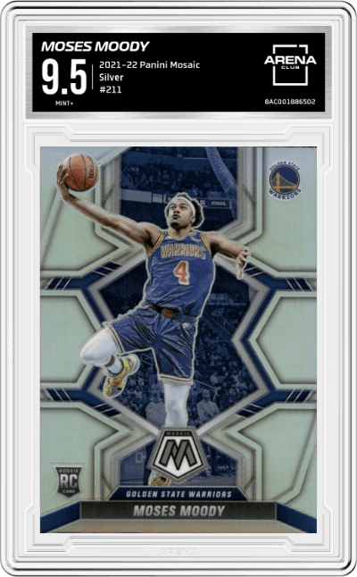 Moses Moody from the 2021-22 Panini Mosaic  set featuring a Silver parallel graded by Arena Club and given an overall grade of 9.5.
