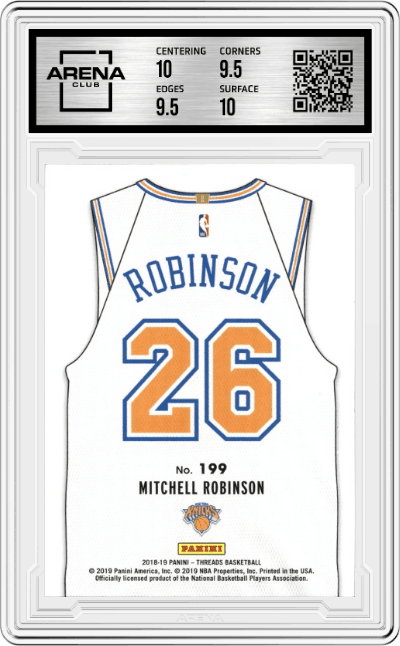 Mitchell Robinson from the 2018-19 Panini Threads  set featuring a Dazzle parallel graded by Arena Club and given an overall grade of 10.