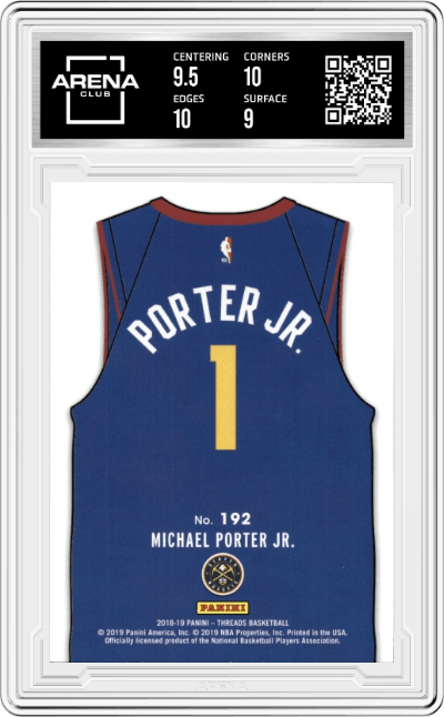 Michael Porter Jr. from the 2018-19 Panini Threads  set graded by Arena Club and given an overall grade of 9.5.