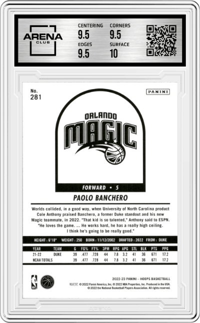 Paolo Banchero from the 2022-23 Panini NBA Hoops set graded by Arena Club and given an overall grade of 10.