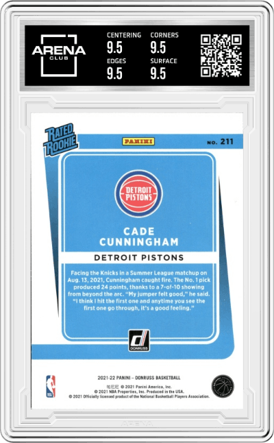 Cade Cunningham from the 2021-22 Panini Donruss set graded by Arena Club and given an overall grade of 9.5.