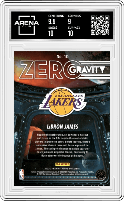 Lebron James from the 2022-23 Panini NBA Hoops set graded by Arena Club and given an overall grade of 9.5.