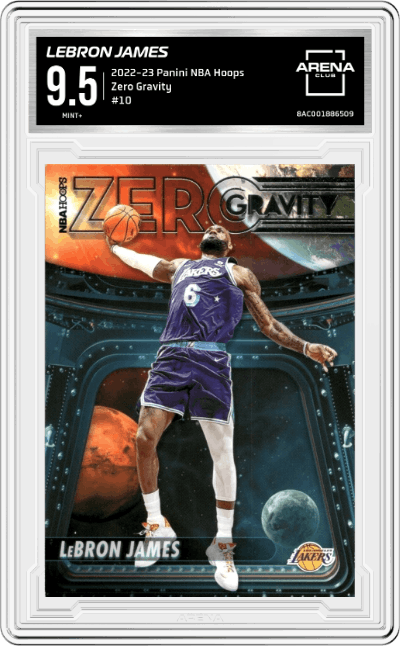 Lebron James from the 2022-23 Panini NBA Hoops set graded by Arena Club and given an overall grade of 9.5.