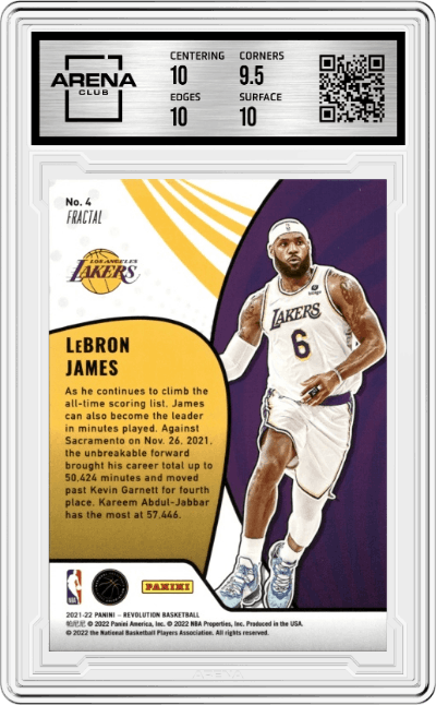 LeBron James from the 2021-22 Panini Revolution  set featuring a Fractal parallel graded by Arena Club and given an overall grade of 10.